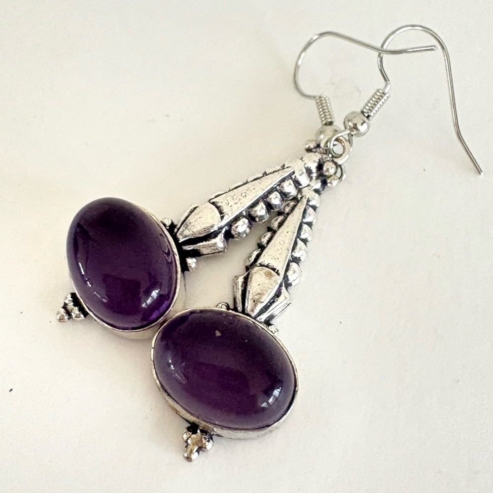 Silver Tone Purple Glass Dangle Earrings